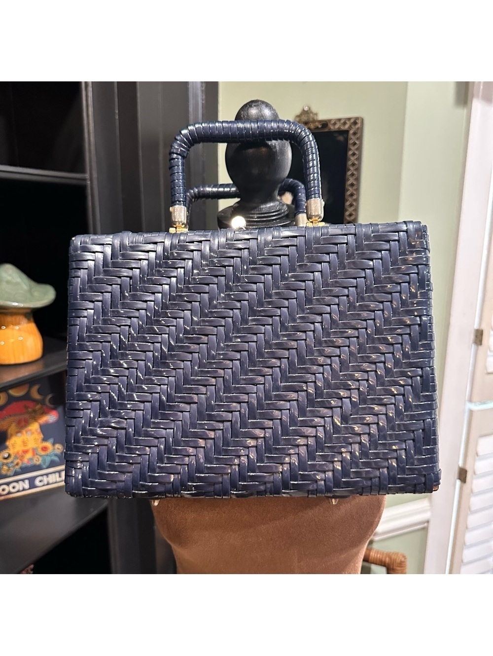 1950's Vintage Handmade Blue Wicker HandBag